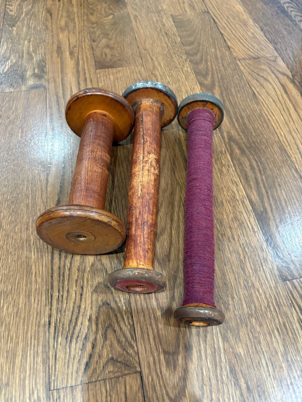 Rustic Wooden Textile Spools - Burgundy and Natural Wood Set
